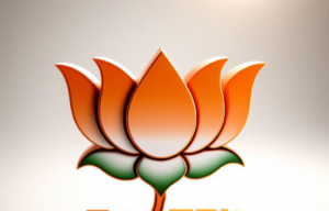 BJP logo with orange and green flower, representing the party's symbol. Vibrant colors and intricate design.